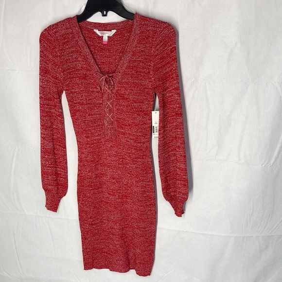 Relisted Red Ribbed metallic accent dress w lace up detail & stretch S M jrs - Picture 6 of 16